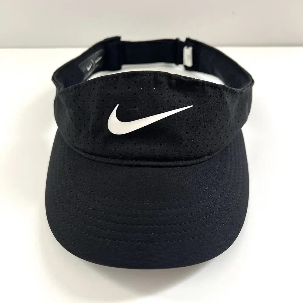 Nike Women Court Dri-Fit Advantage Black White Swoosh Visor Tennis Hat CQ9334